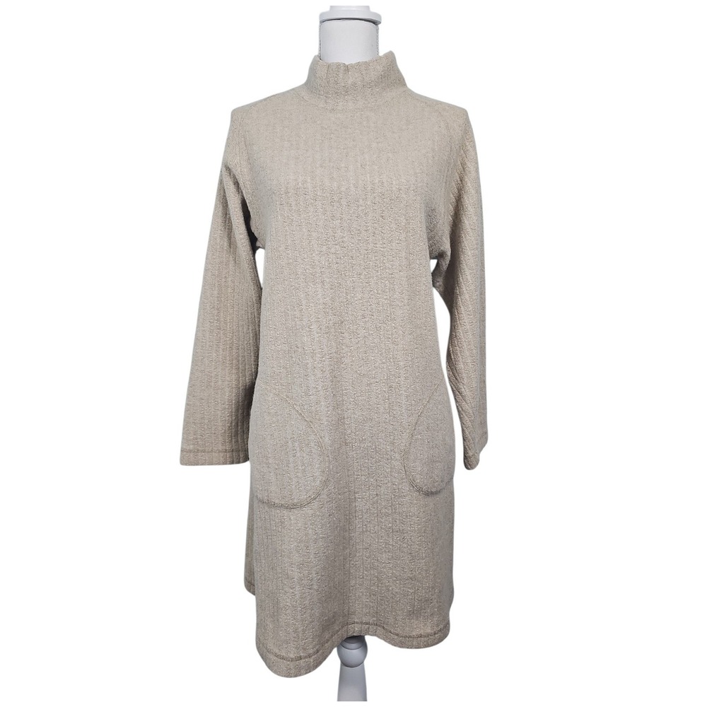 The Territory Ahead Sweater Dress Lambswool Ribbed Mock Neck Beige Women M